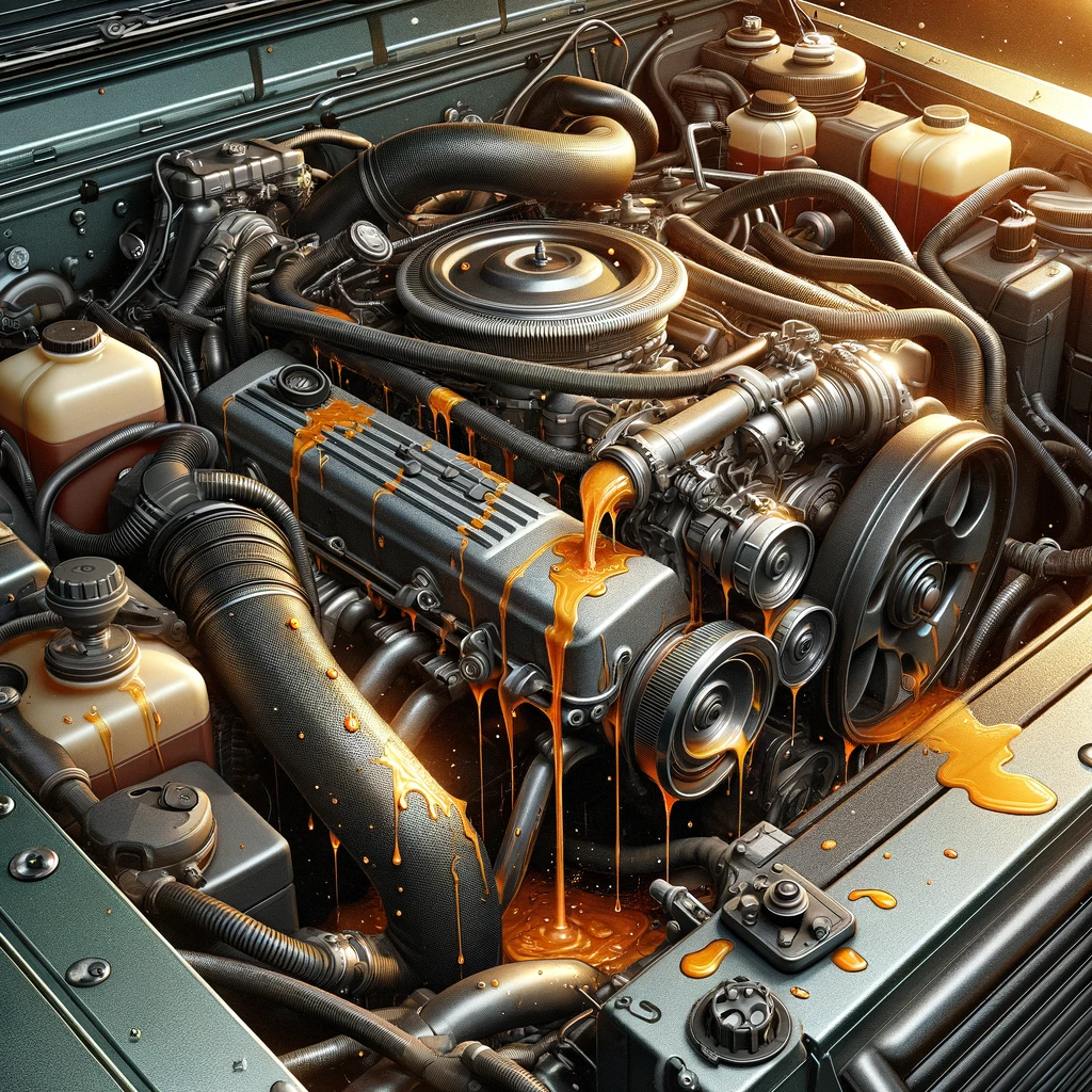 ランドローバー・ディフェンダーのエンジン部分を描いたイラストで、冷却水漏れを示しています。